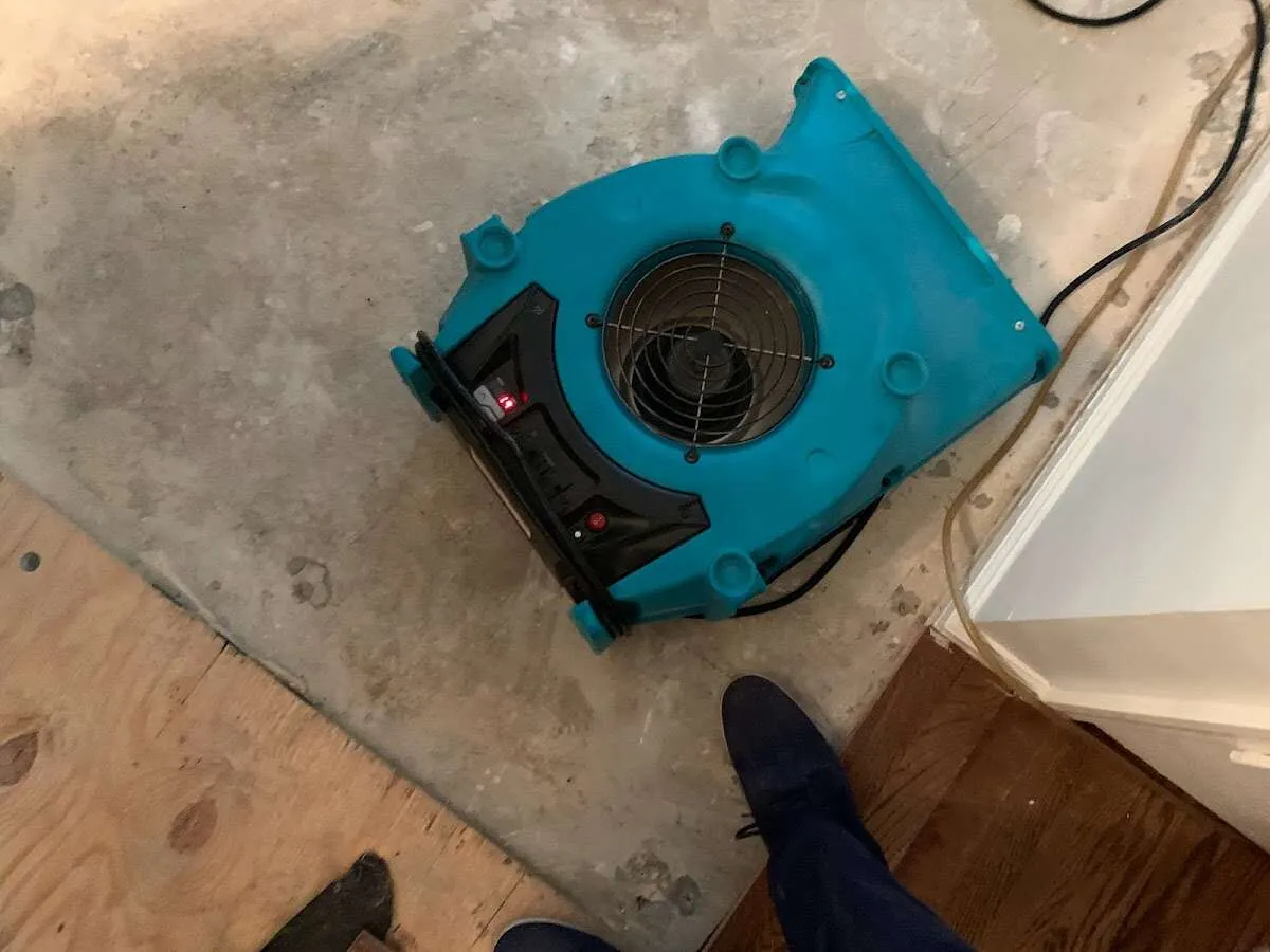 Air mover drying subfloor during Commercial Water Damage Restoration in Terrell